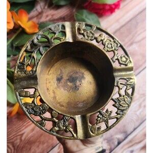 Vintage Victorian Style Solid Brass Floral Ashtray Candle Holder Incense  Sage
